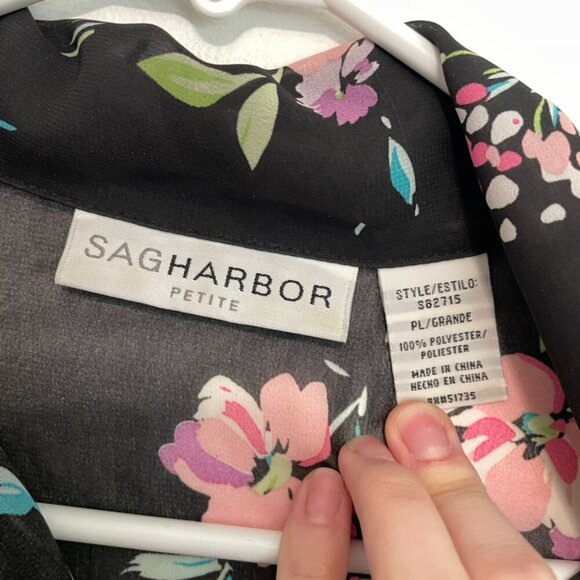 VINTAGE SAG HARBOR Black Pink Floral Short Sleeve Sheer Button Down PETITE Large - Picture 4 of 14